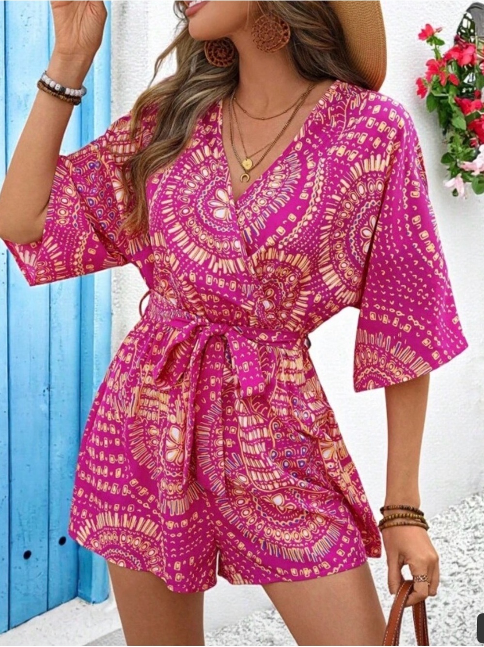 Women’s Magenta Printed V-Neck Romper with Waist Tie